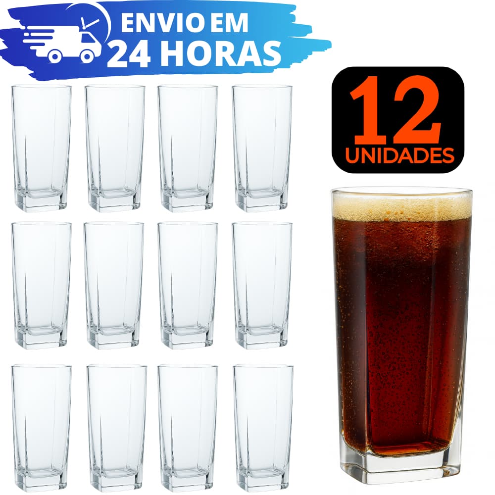 Jogo De 12, 6 e 4 Copos Vidro Texas REFORÇADO Quadrado Luxo Transparente 320ml