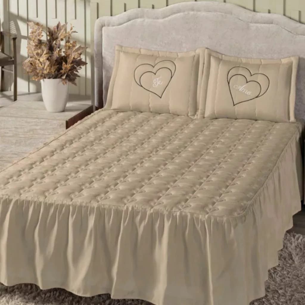COLCHA COBRE LEITO TE AMO CASAL 3 PEÇAS BORDADA MATELADA CONFORTO E BELEZA