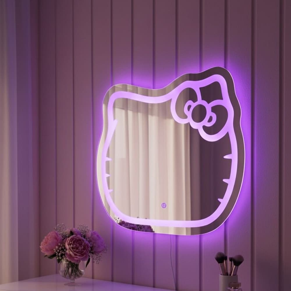 Espelho Infantil Jateado Gatinho Gato Hello Kitty 70x65cm Led Touch Três Tons Roxo Branco e Amarelo
