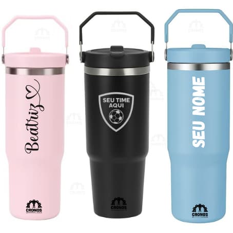 Copo Garrafa Térmica Flip 900ml Inox Personalizada Nome Time Curso Esportiva Bico Alça Academia Viagem Trabalho Escola