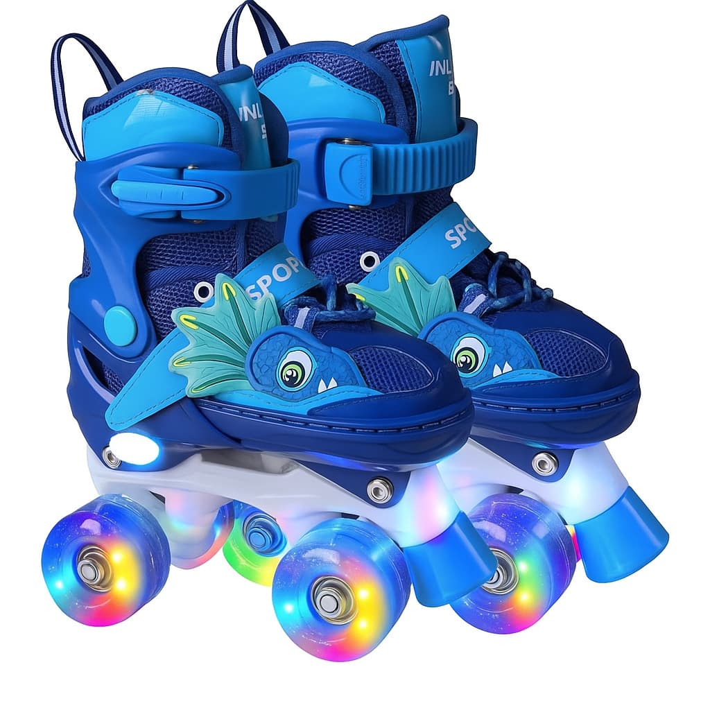 Patins Quad Dinossauro 4 Rodas Infantil Tamanho Ajustável Rodinhas Com LED