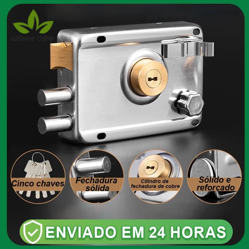 Fechadura Sobrepor cor Cromada Com Trava Dupla e 05 Copia De Chaves para Portão e Porta