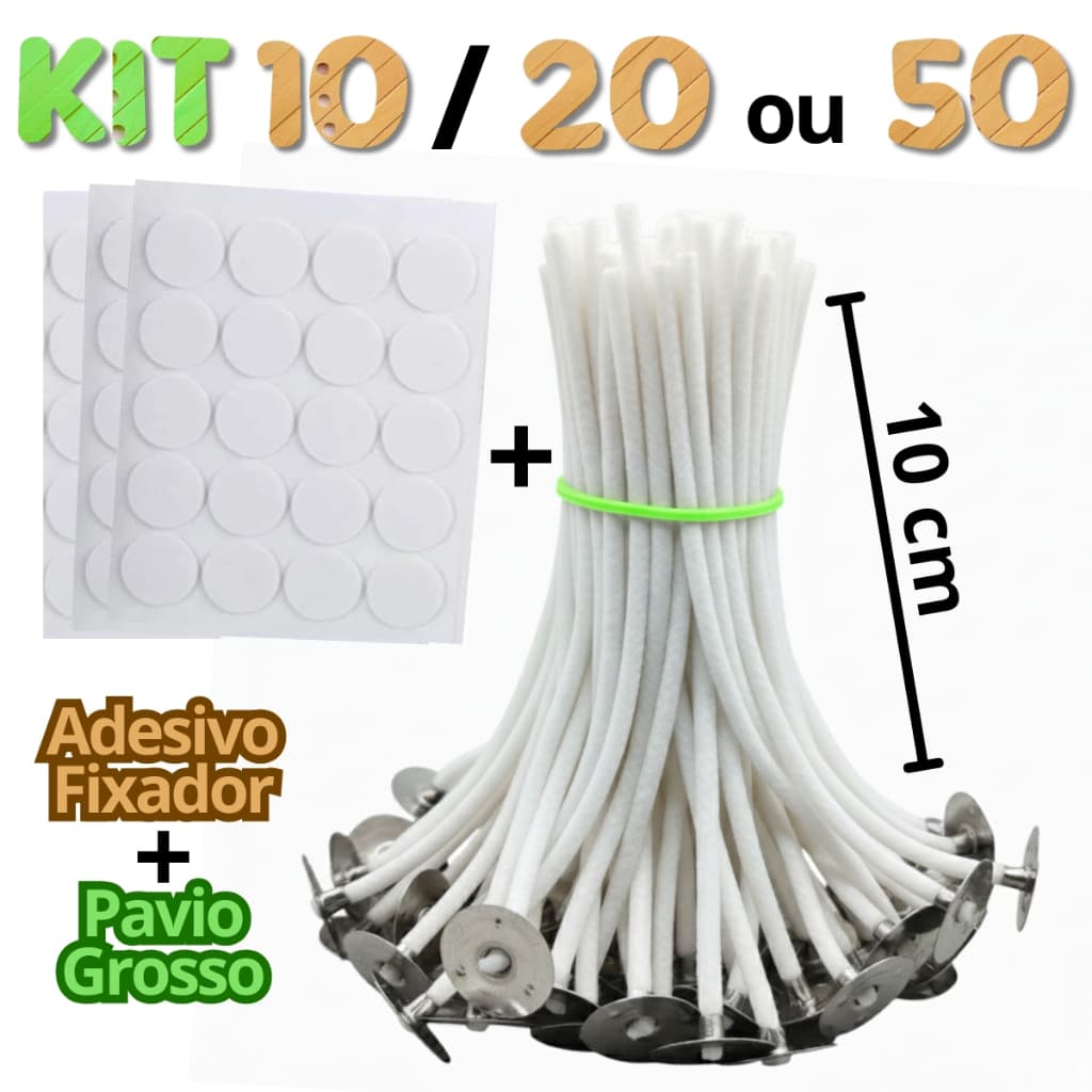 Pavio Vela Artesanal 10cm x 3mm com ilhós + Adesivo Fixador Pavio Grosso de Algodão Parafinado B2040