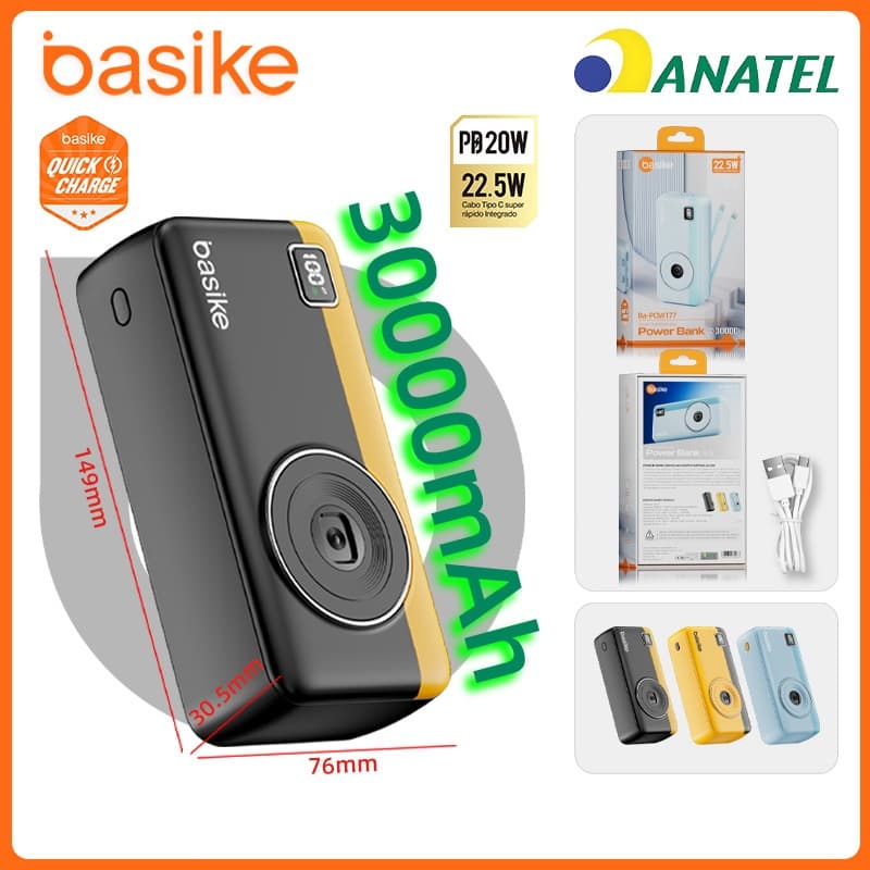 Basike Carregador Portátil Power Bank 30000mah 22.5W PD carregamento ultrarrápido com adaptador iPhone , POW177