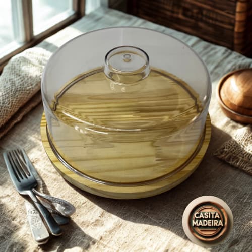 Porta Queijo Queijeira de Madeira Bambu e Tampa Acrílica Premium Porta Queijos e Bolos Grande 25 cm
