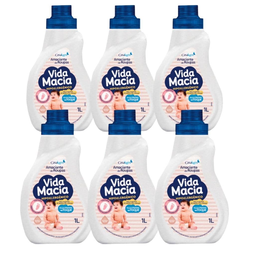 Kit 6 Amaciantes Vida Macia Hipoalergênico Glicerina & Algodão 1 Litro Roupinha Bebê Criança