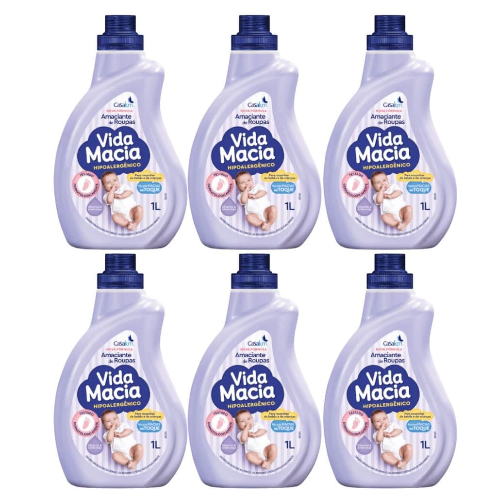 Kit 6 Amaciantes Vida Macia Hipoalergênico Glicerina & Amêndoas 1 Litro Roupinha Bebê Criança