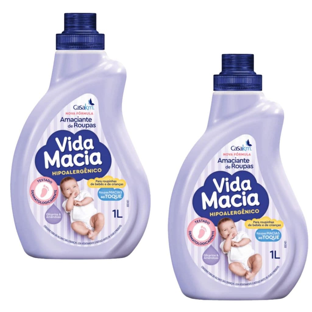 Kit 2 Amaciantes Vida Macia Hipoalergênico Glicerina & Amêndoa 1 Litro Roupinha Bebê Criança