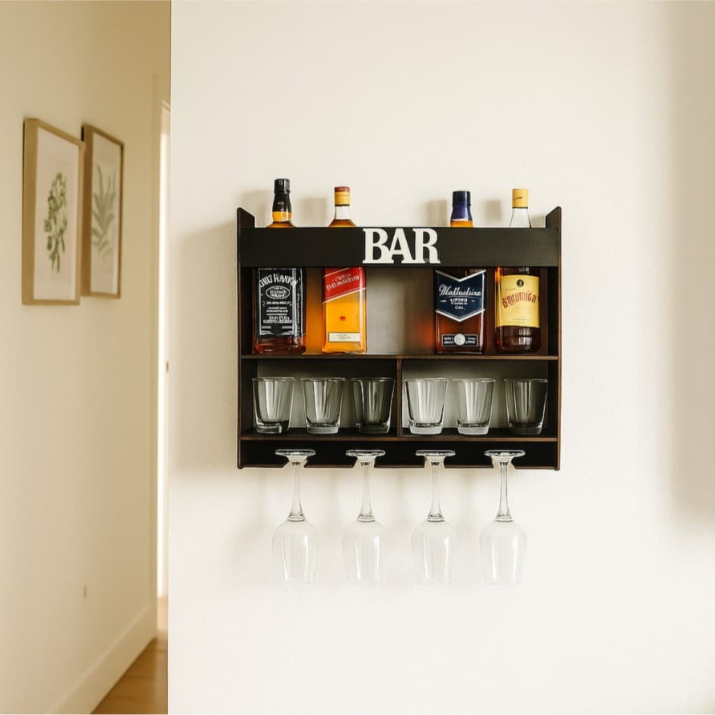 Bar Adega Barzinho De Parede Rústico Madeira Com Porta Garrafas De Vinhos Whisky Gin Bebidas E Porta Taça Bar Decorativo