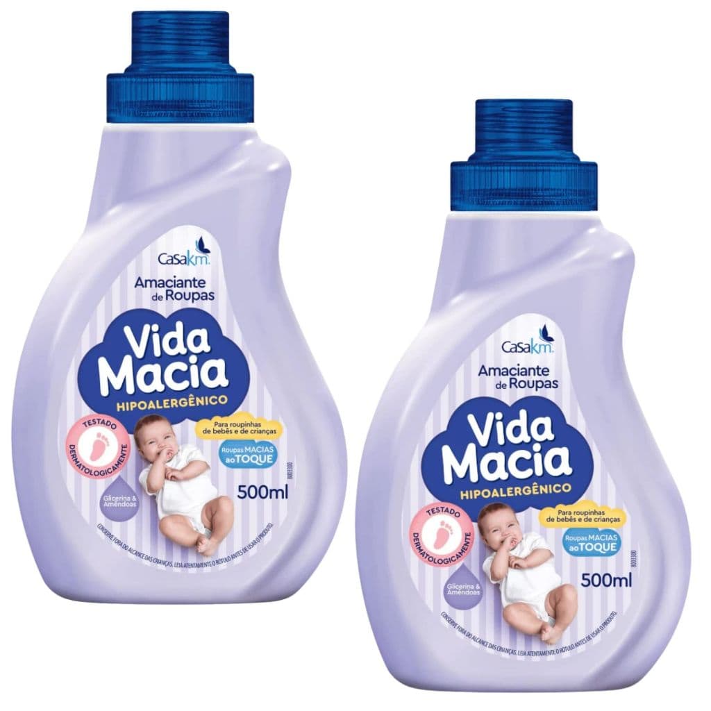 Kit 2 Unidades Amaciante Vida Macia Hipoalergênico Glicerina & Amêndoas 500ml Roupinha Bebê Crianças