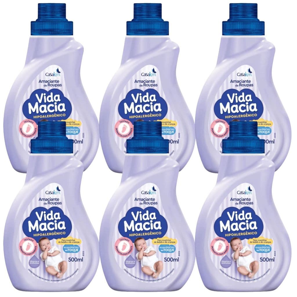 Kit 6 Unidades Amaciante Vida Macia Hipoalergênico Glicerina & Amêndoas 500ml Roupinha Bebê Crianças