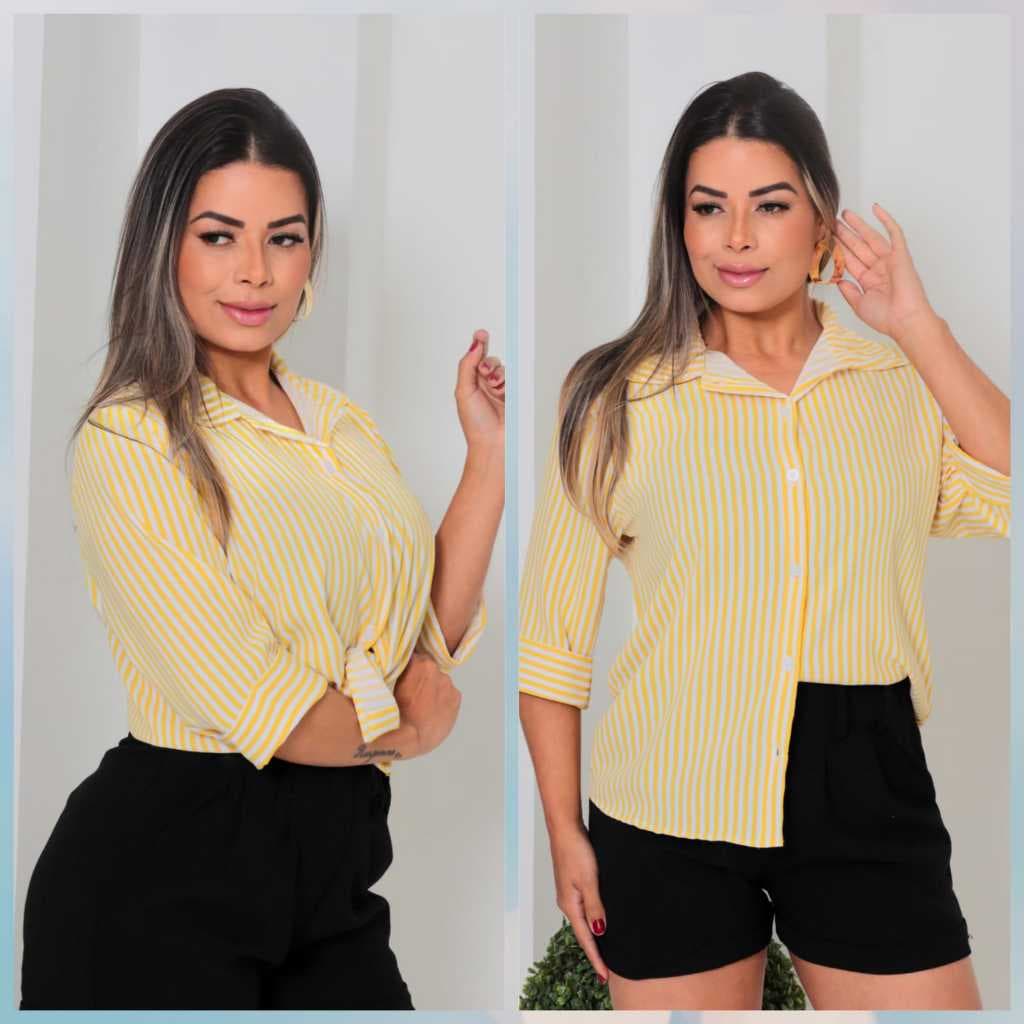 Camisa Feminina Crepinho Listrado Manga 3/4 Com Botoes