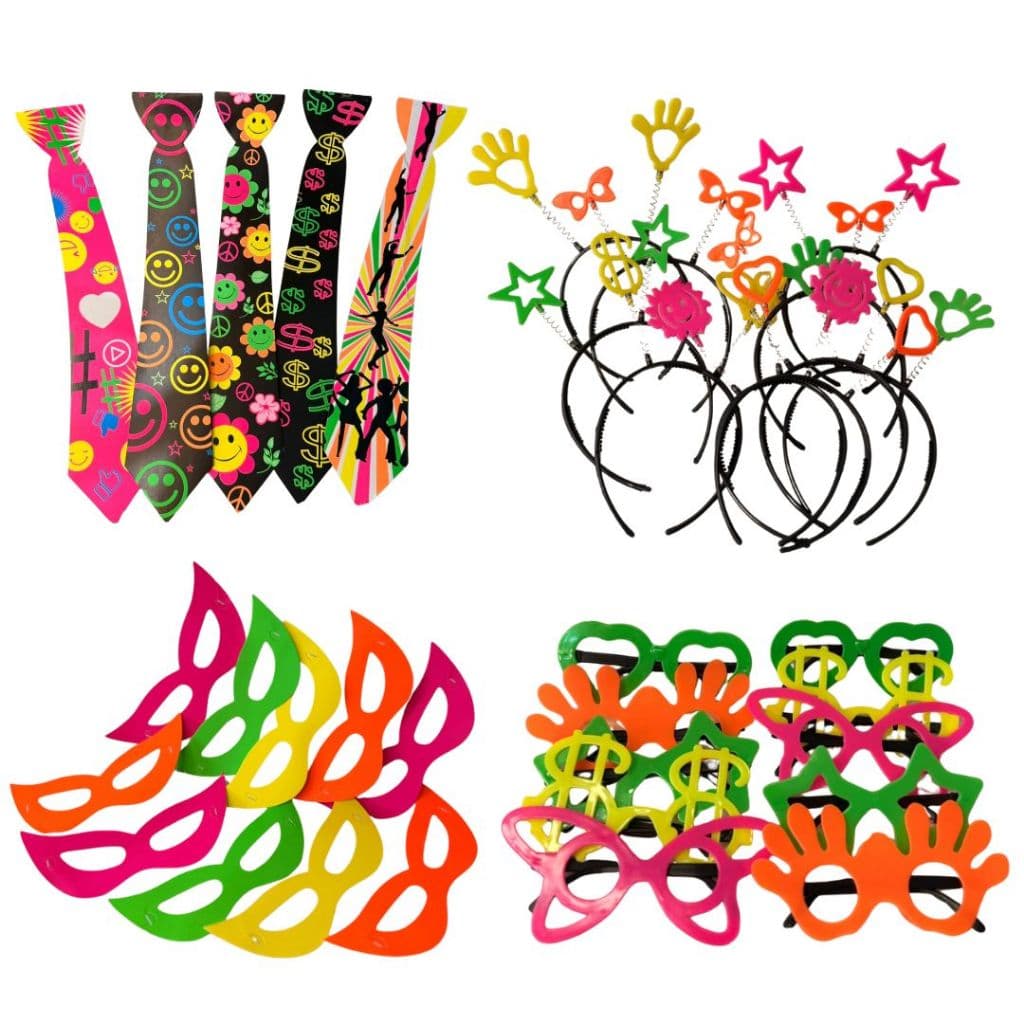Kit Neon Balada 40 peças Aniversário Festa Óculos Tiara Gravata + Máscara