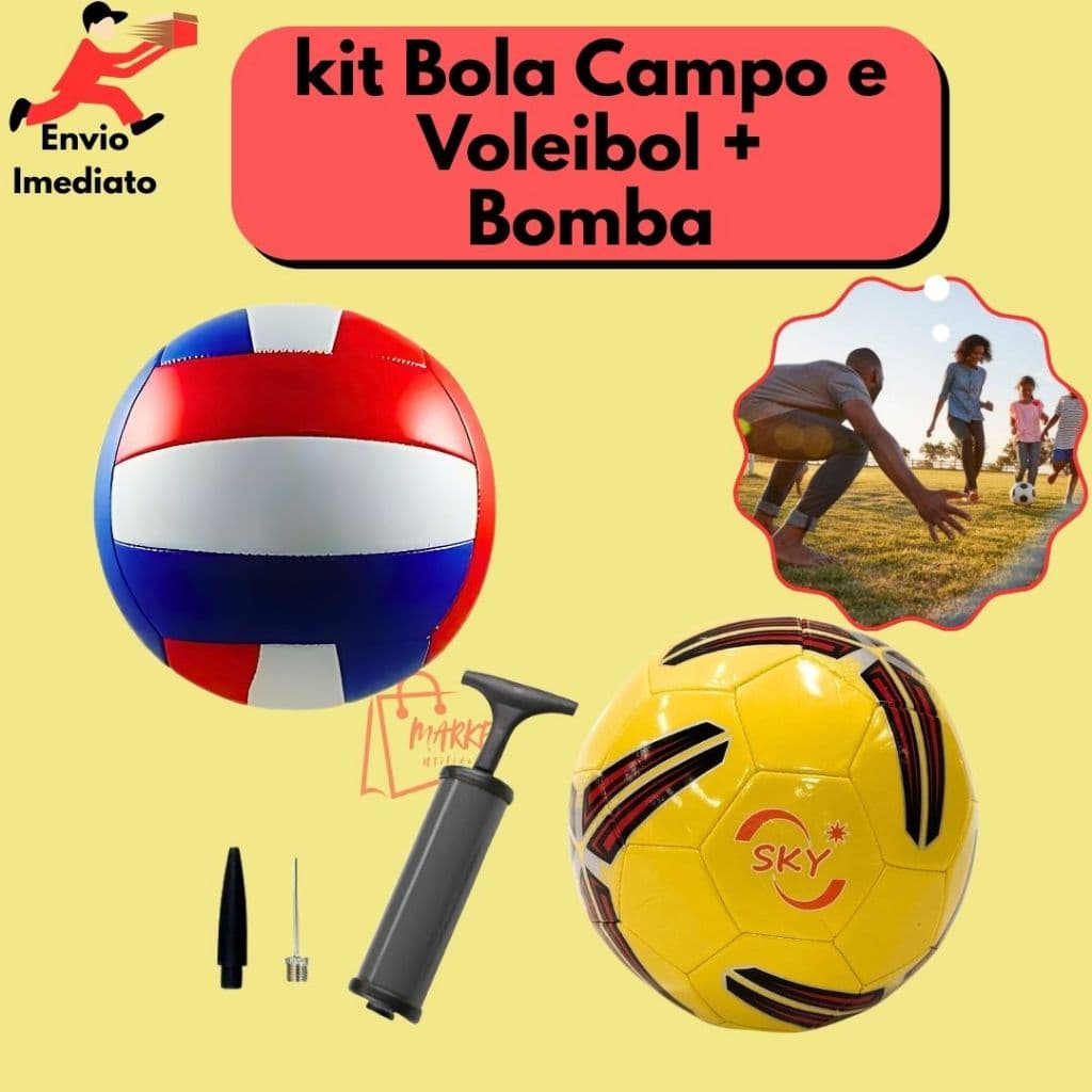 Kit Bola De Campo e Voleibol Com Bomba Portátil Futebol Society Quadra Areia Tamanho Oficial N5