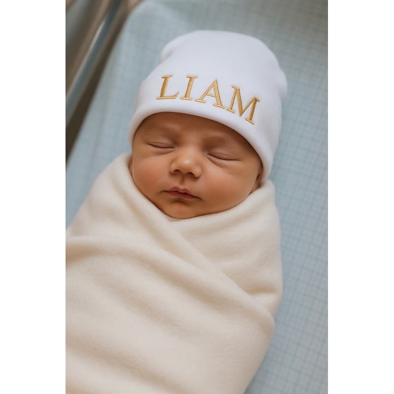 Touca de bebê personalizada com nome bordado – feita com tecido macio e confortável, tamanho RN bebê menino ou menina.