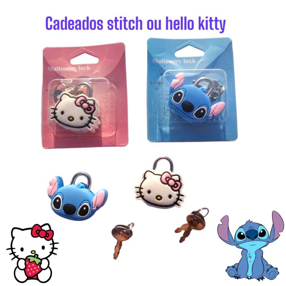 Cadeado stitch ou hello kitty fofos com 2 chaves