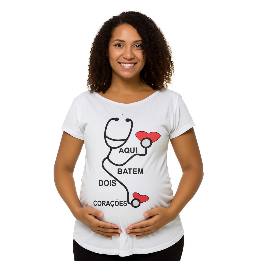 Camiseta Gestante Divertida – Blusa Grávida Estampa Alegre Criativa Maternidade Dois Corações