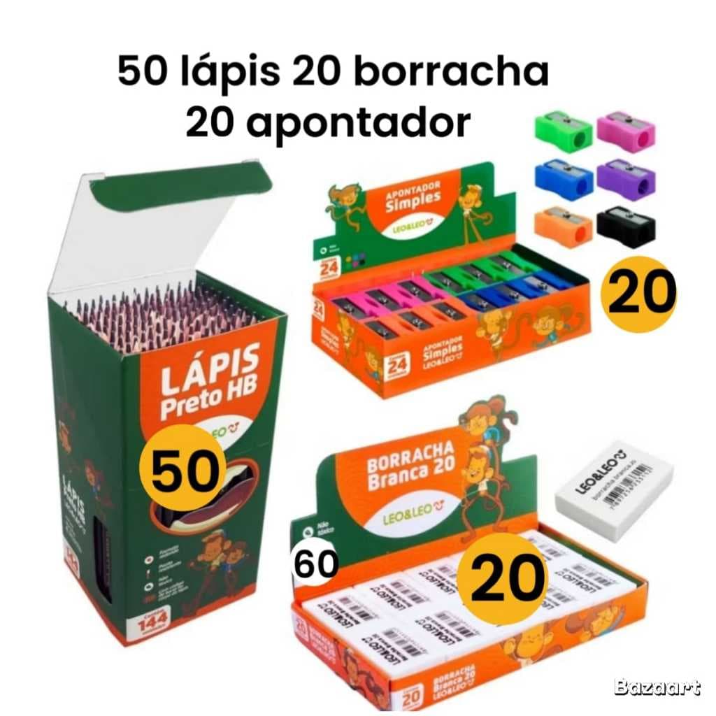 Kit 50 Lápis de Escrever Preto 20 Borracha Escolar Branca N60 20 Apontador Simples  Escolar Leo&Leo