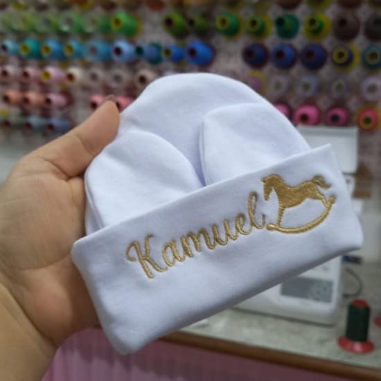 Kit Touca e Luvas com Nome + Desenho, Maternidade Recém-Nascido Macia Malha 100% Algodão tamanho RN
