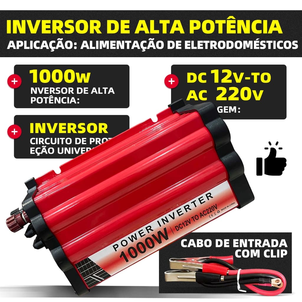 Inversor de Energia 1000W, Conversor DC 12V para AC 220V com Cabo de Clip, Ideal para Veículos e Emergências
