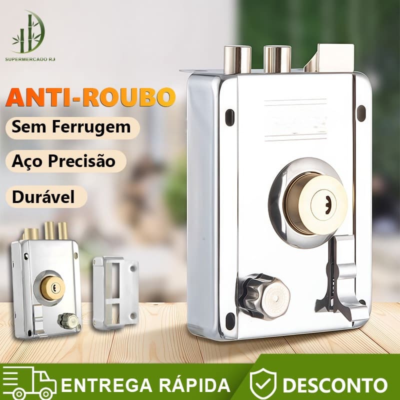 Fechadura Sobrepor cor Cromada para Portão e Porta Com Dupla e 05 Copia De Chaves