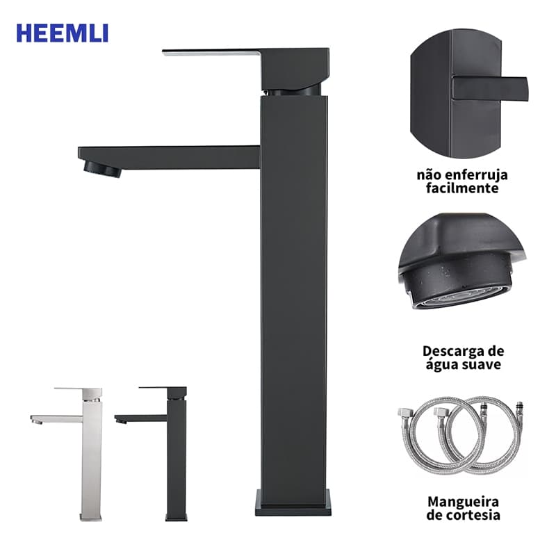Heemli Torneira para Lavatório Aço Inox Preto Monocomando Alta Vazão Água Fria e Quente 2 Mangueiras 60cm Inclusas