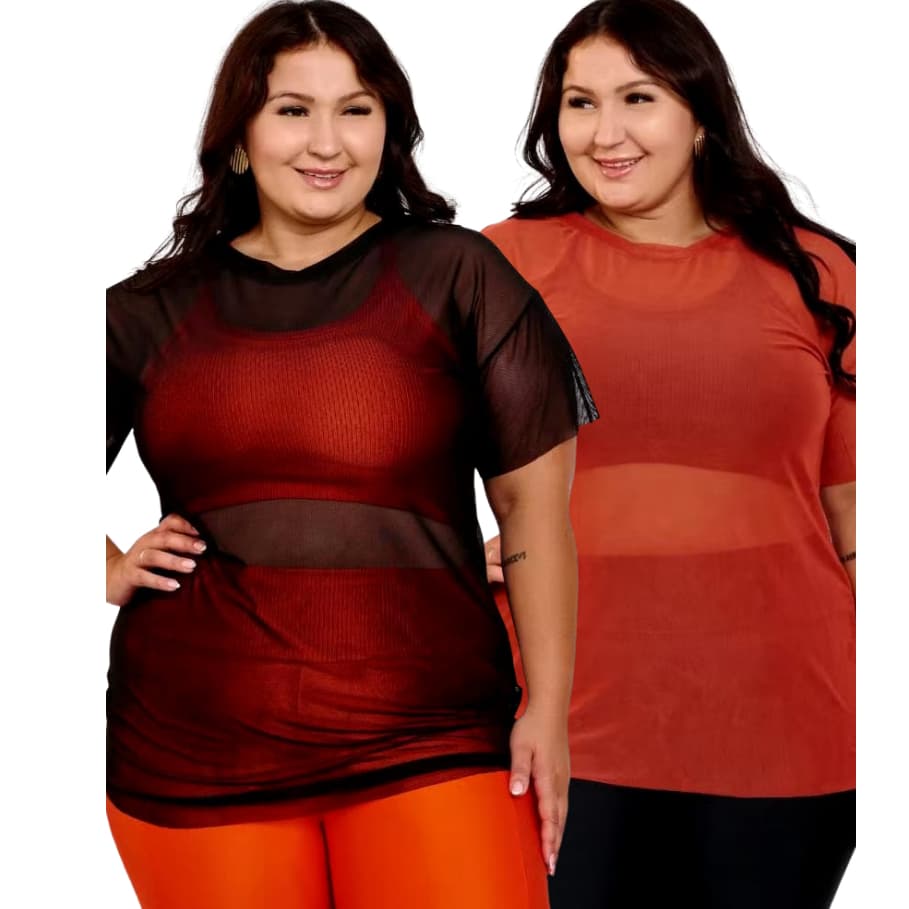 Kit 02 Blusa Feminina Plus Size de Tule Academia Treino Respiravél Transparência Feminino
