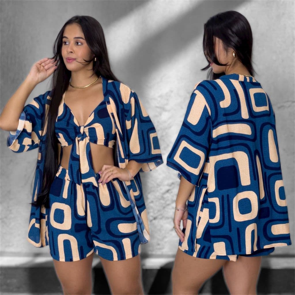 Conjunto Kimono Duna Feminino 3 Peças Elegante Puro Charme Praiano Verão