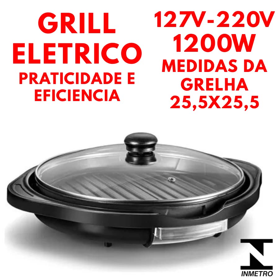 Grill Eletrico Redondo 127v Ou 220V 1200W Com Termostato E Grelha Removível Versatil E Pratico