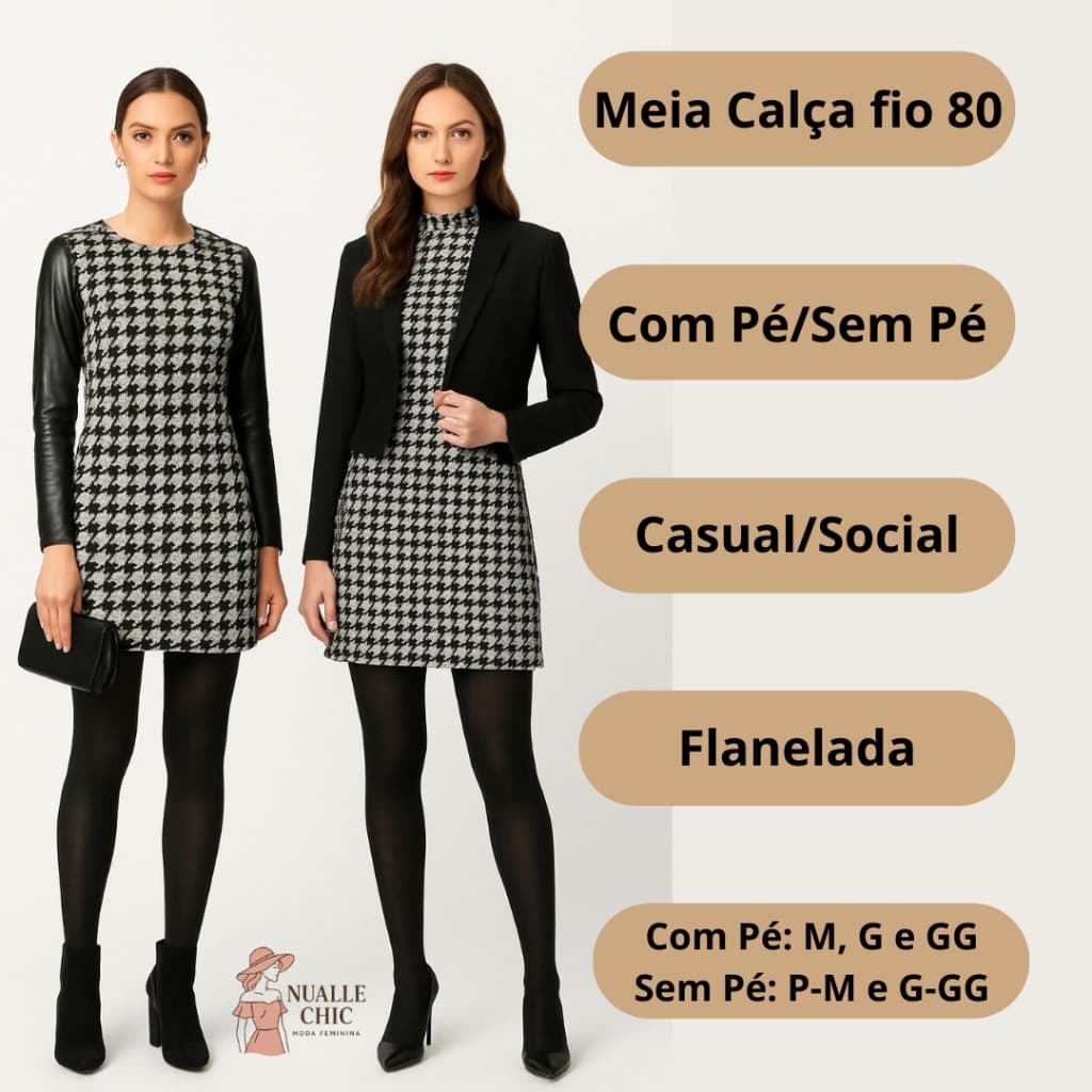 Meia Calça Social Feminina Fio 80 Segunda Pele Com Pé ou Sem Pé Flanelada Preta