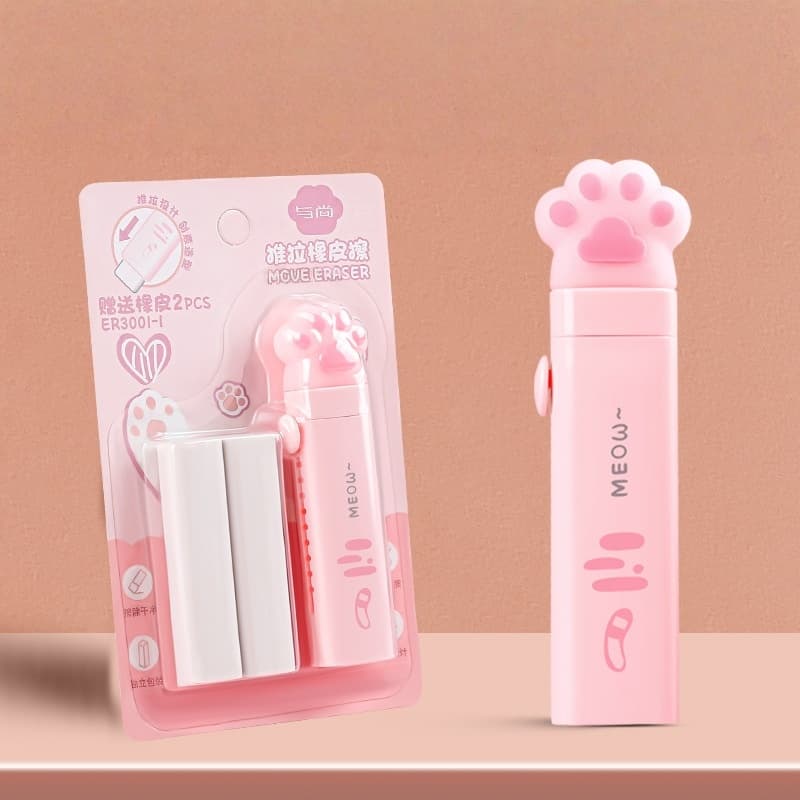 Borracha criativa retrátil com formato de patinha de gato ,1 capa de borracha e com 2 refil