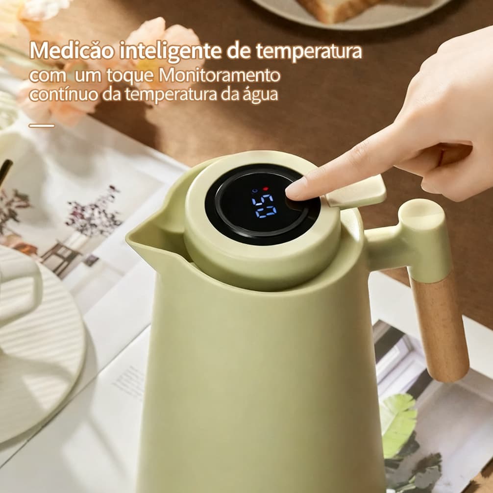 Garrafa Térmica Termômetro Digital 1L Café Chá Nórdica Com Cabo De Madeira 2025