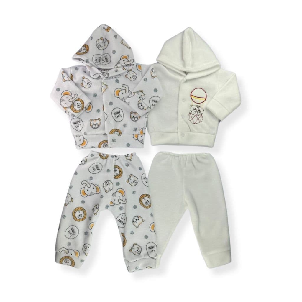 Kit C/ 4 Peças Roupa  Bebe Inverno Conjunto Soft Liso + Estampado Com Capuz