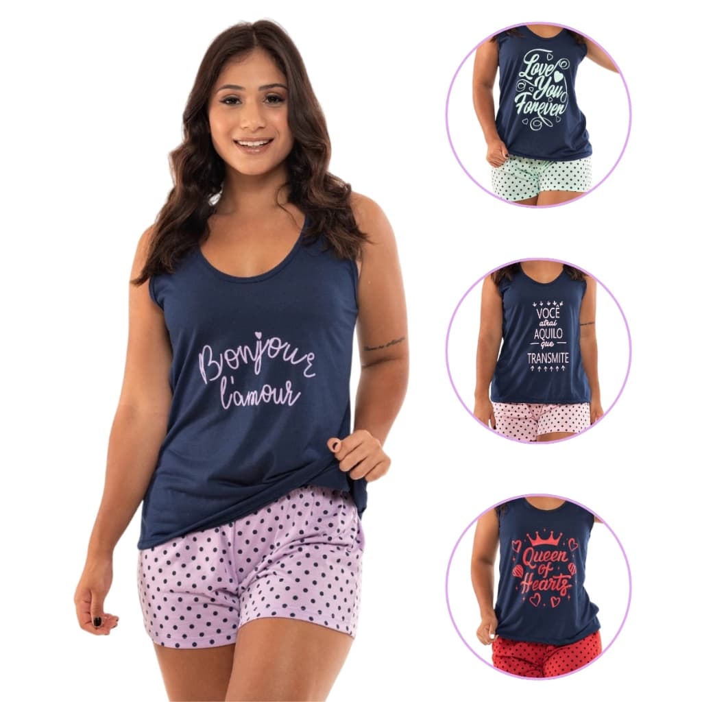 Pijama Feminino Short Doll Baby Doll Verão Curto de Poá Blusa Regata Conforto