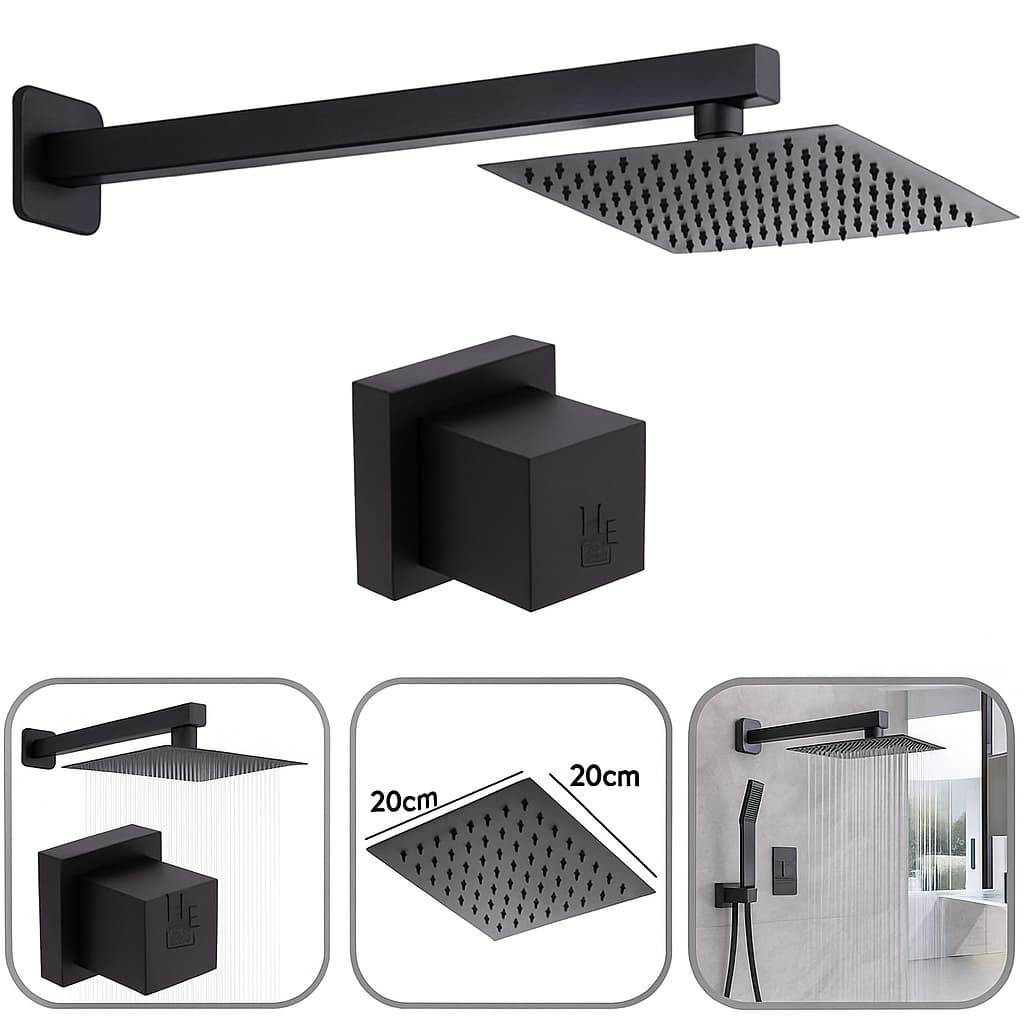Chuveiro Ducha Quadrado Para Banheiro Piscina Preto Fosco 20x20 Inox + Acabamento Para Registro Deca