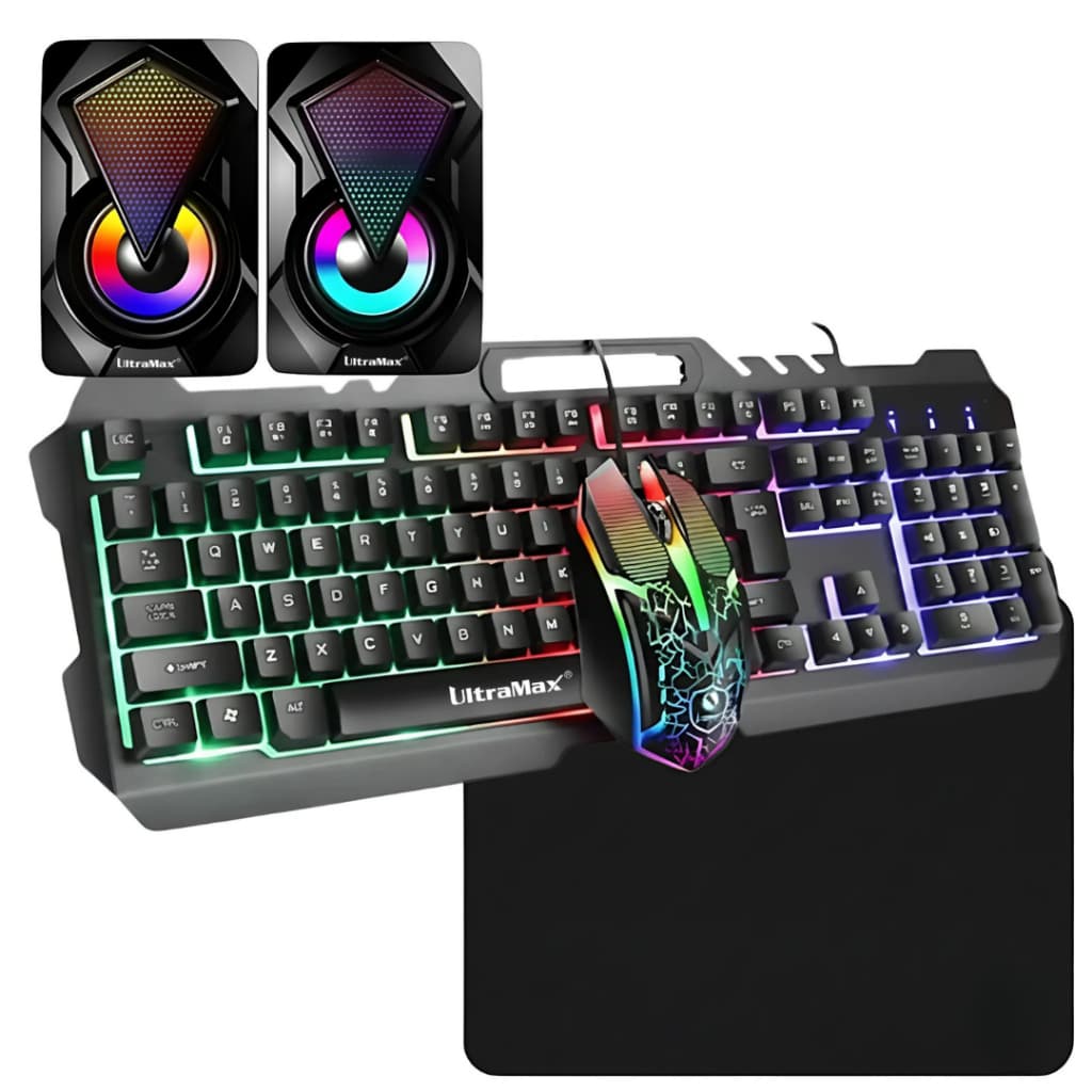 Kit Gamer 5 em 1: Teclado Semi Mecânico Iluminado RGB + Mouse para Jogos + Mouse Pad + Caixa de Som
