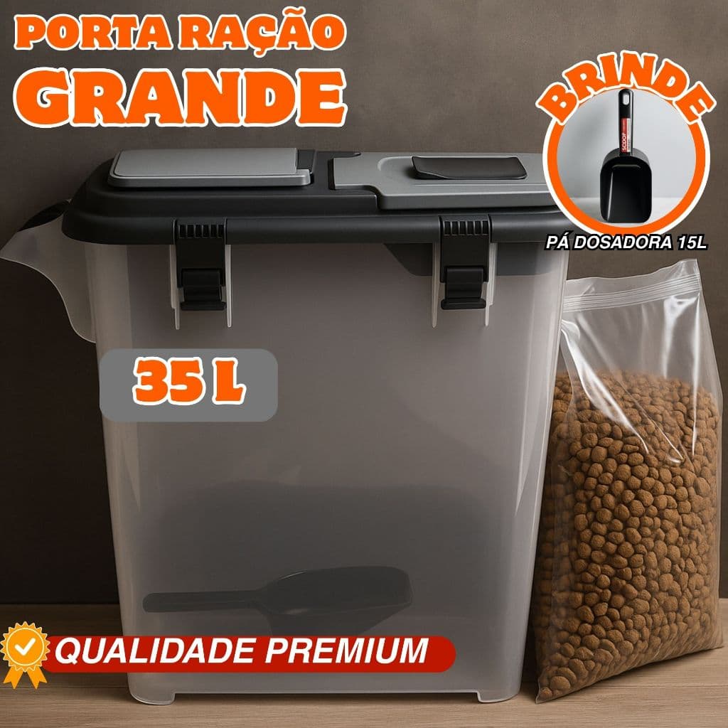 Porta Ração 15kg Para Cachorro E Gato Pet Ultra Resistente Vedação Completa + Pá Dosadora