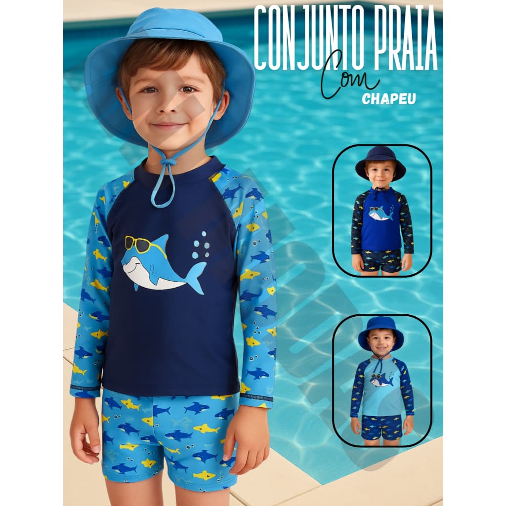 Conjunto Sunga Menino Camiseta Uv 50+ Com Chapéu Praia