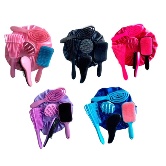Kit 05 Escovas Flex/ Raquete Fashion /Polvo/Escova Mágica /Massageador de Silicone e Touca de Cetim bestlu
