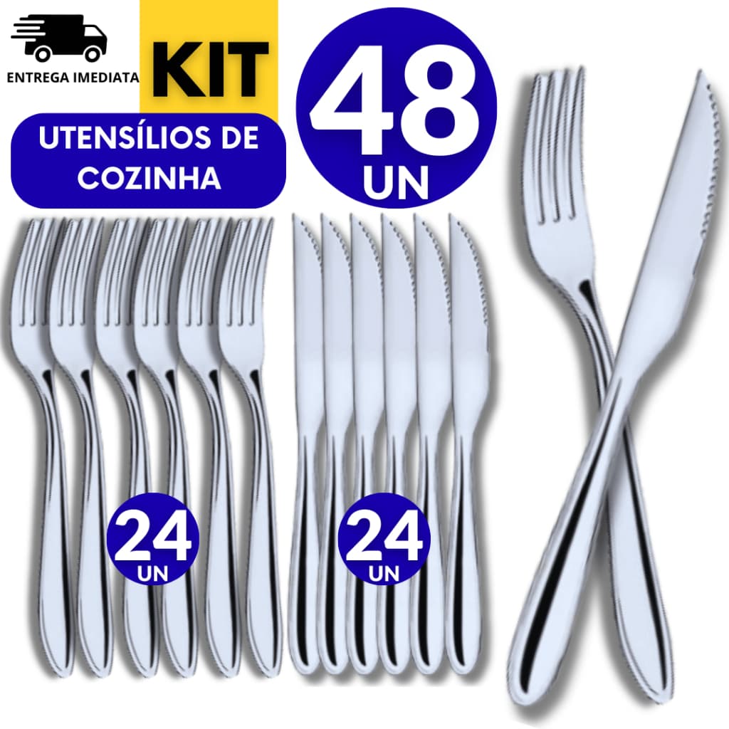 Kit Jogo Conjunto 48 Talheres Inox Multiuso 24 Faca 24 Garfo Casa Cozinha Restaurante Buffet Qualidade Resistência