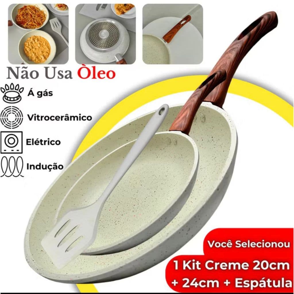 Kit 2 Frigideiras de Cerâmica Antiaderente 20cm e 24cm + Espátula de Silicone | Cabo de Madeira