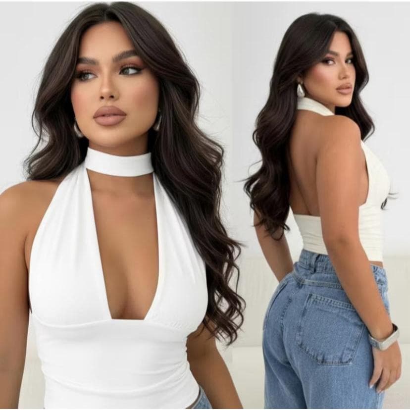 TOP CROPPED DE AMARRAÇÃO NO PESCOÇO MODA GRINGA DECOTADO COM DIVERSAS AMARRAÇÕES