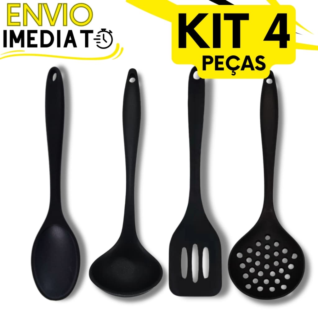 KIT Jogo 4 Utensílios de Cozinha Casa Silicone Resistente Colher Concha Escumadeira Espátula Não Risca a Panela MINI