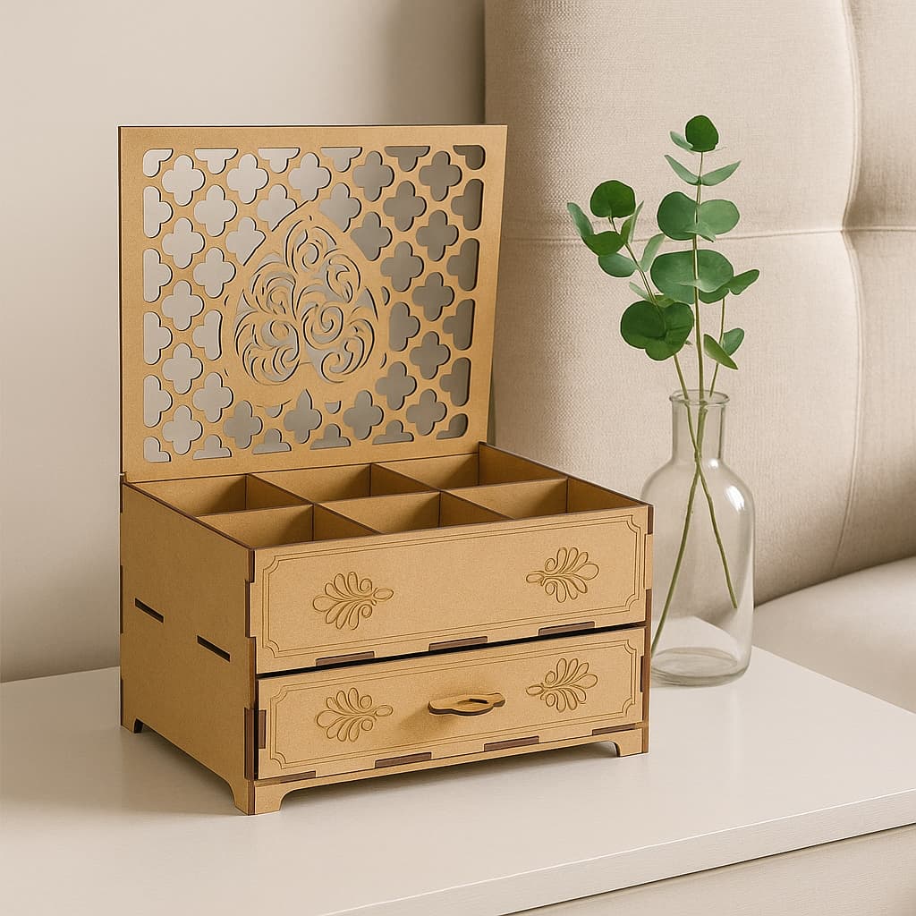 Porta Jóias Coração MDF Cru Industrial 6 Divisórias Gaveta 20x15x12