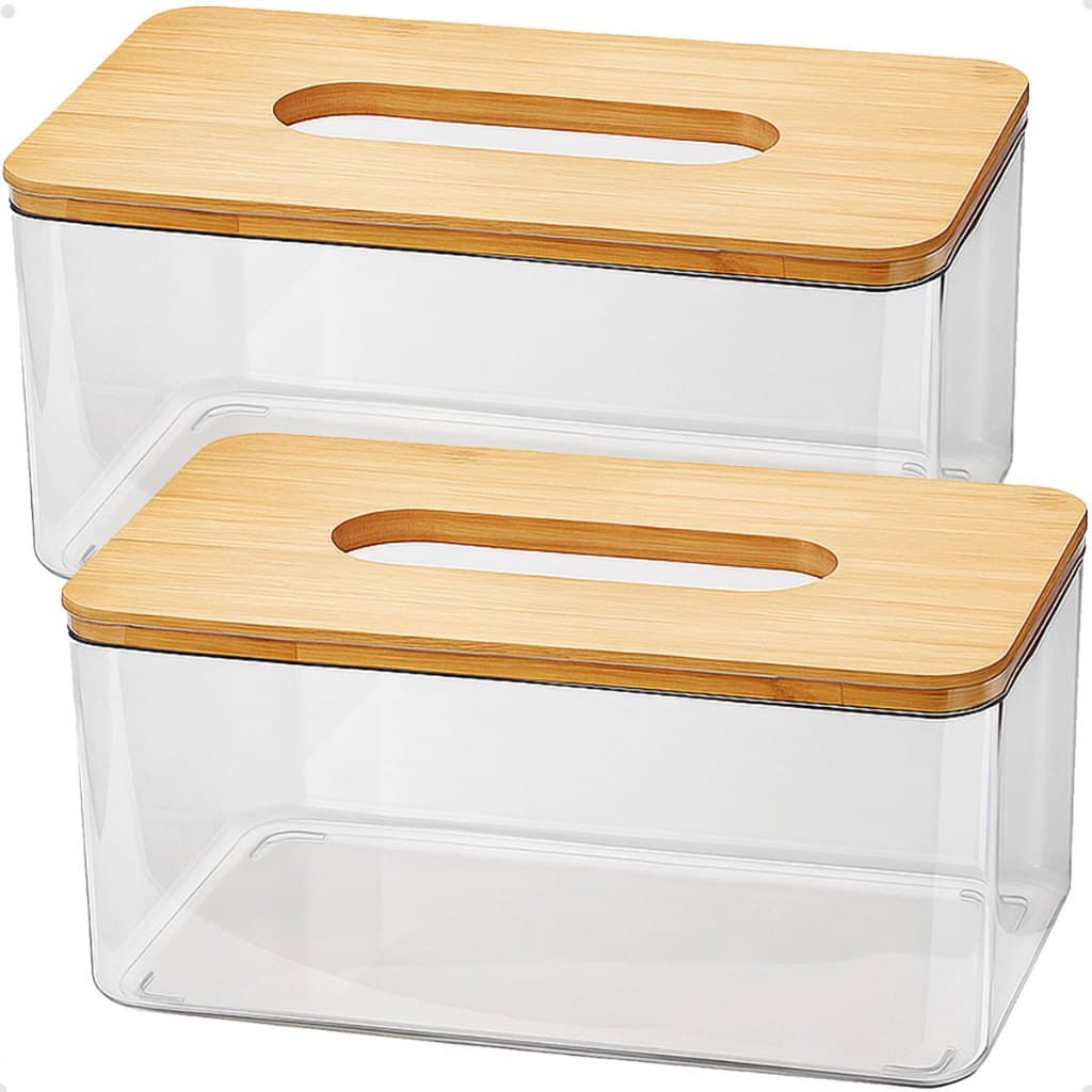 Kit 2 Porta Lenços Papel Bambu Luxo Multiuso Lenço Organizador Retangular Interfolhas Design