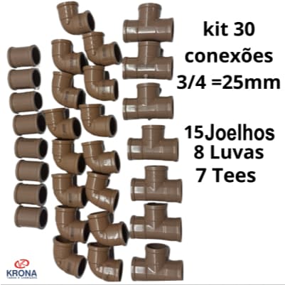 30 Conexões Pvc Hidráulico Soldável Água Fria 25mm 3/4 15 Joelhos 8 Luvas 7 Tees Alta Qualidade