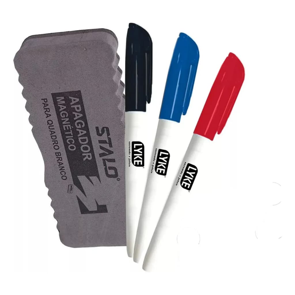 Kit 3 Canetas Lyke Azul Vermelha Preta Para Lousa Quadro Branco + Apagador Magnético Stalo