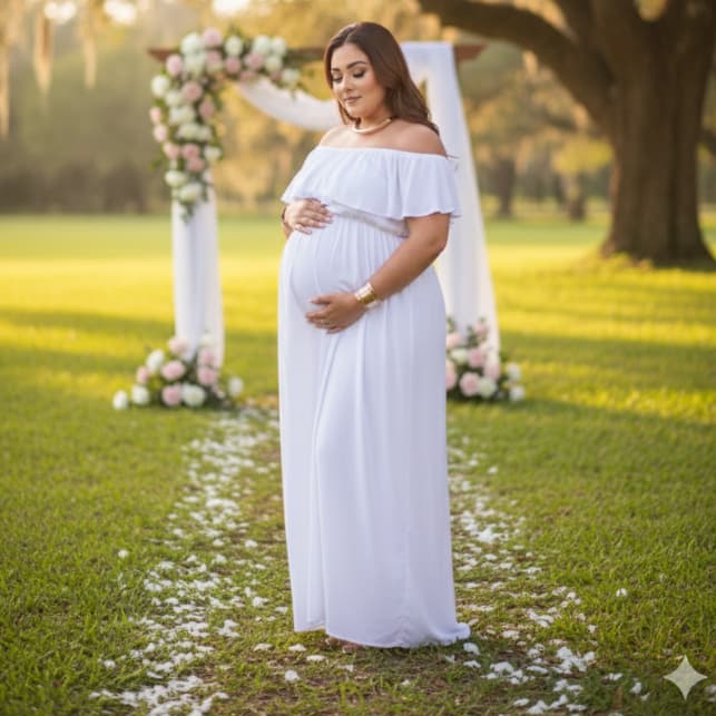 Vestido Longo Branco Para Grávidas Gestantes Chá Revelação Plus Size Ombro a Ombro Fenda Lateral Soltinho