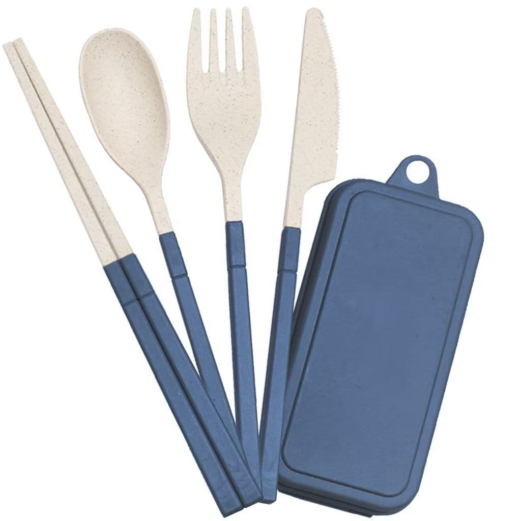 Conjunto de Talheres Retráteis Portáteis em Palha de Trigo – Estojo Compacto para Escola e Trabalho