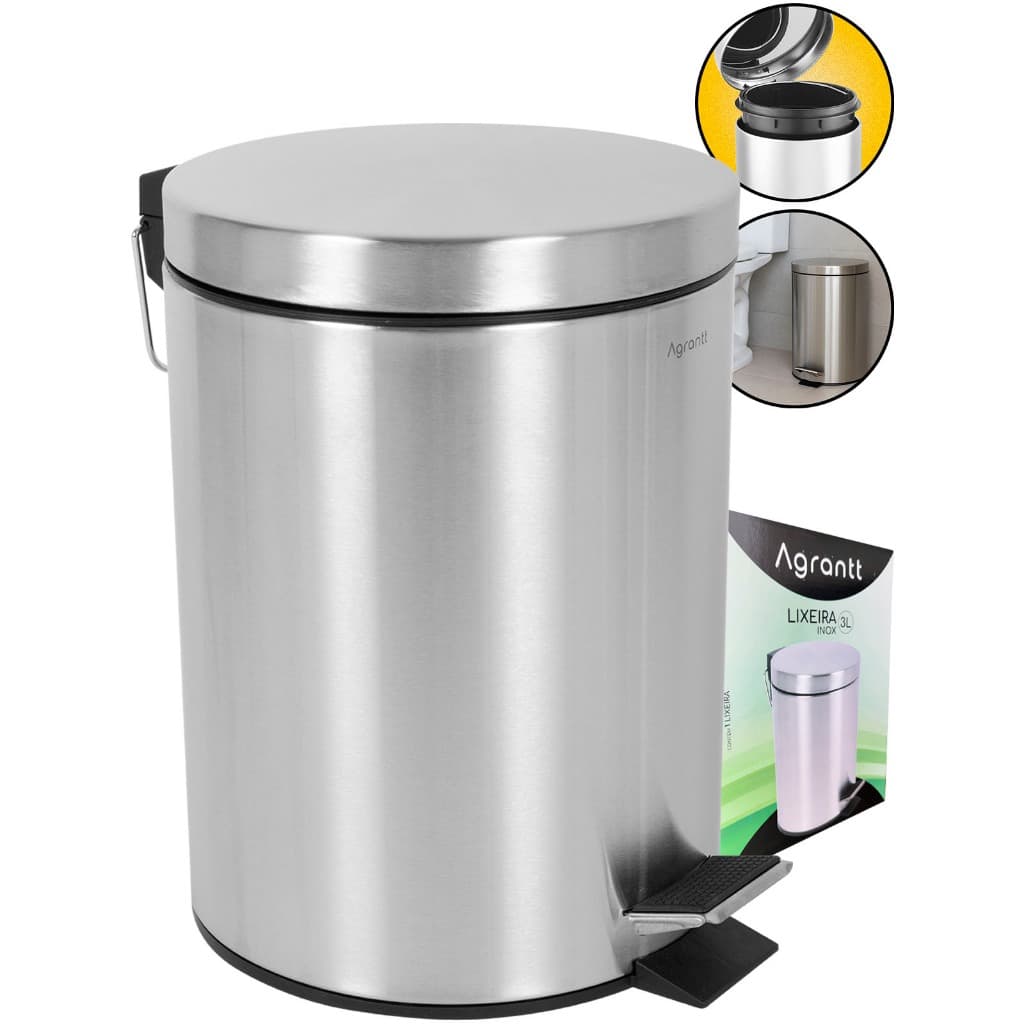 Lixo Lixeira 3 Litros Agrantt Inox Escovado Pedal Balde Removível Lavabo Banheiro Casa Escritório